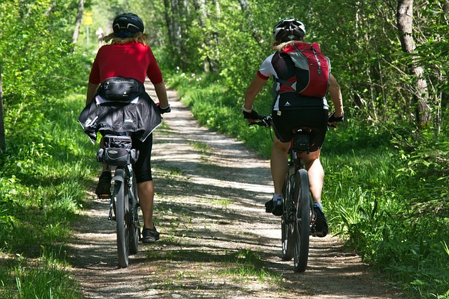 Dva lidé, kteří jedou po lesní cestě na kolech